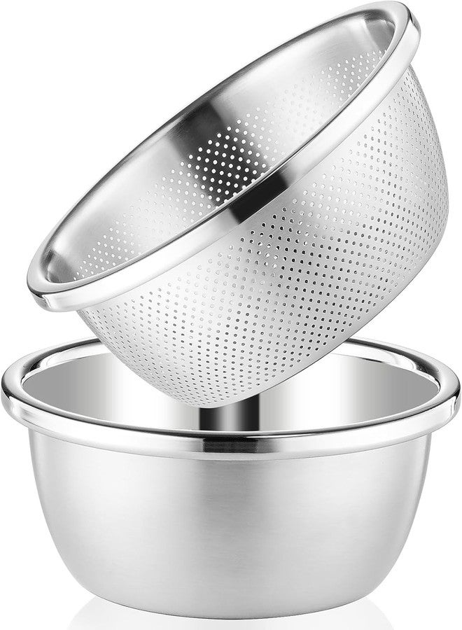 Yopple Stainless Steel Colander and Mixing Bowl Set of 2, Microporous Large Strainer with Deep Bowl for Washing Rice, Pasta, Vegetables, Fruits, Salad Mixing, Kitchen Draining Tool - Image 1
